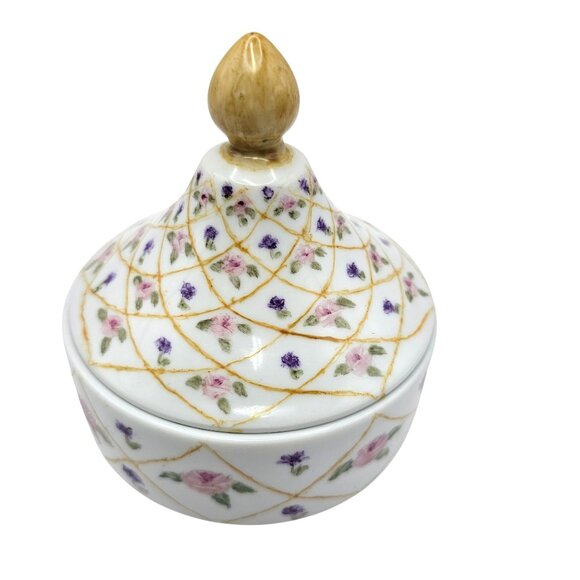 Hand-Painted Floral Porcelain Trinket Box With Gold Accents & Lid - Picture 2 of 15
